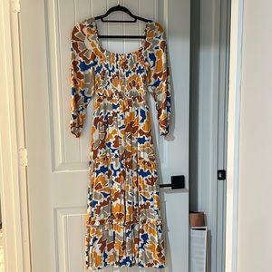 Anthropologie Floral Midi Dress in Cream, Mustard & Blue